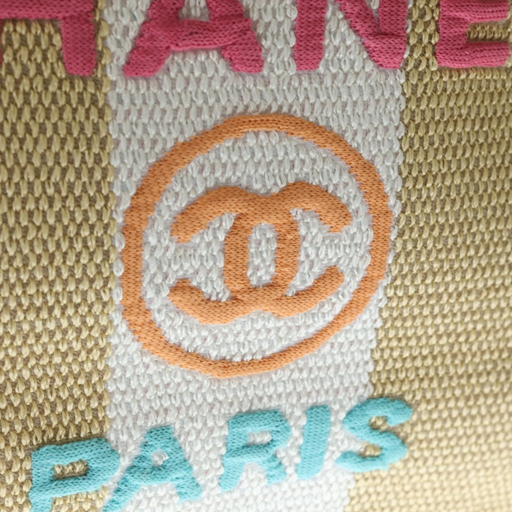 CHANEL(シャネル) ドーヴィルショッピングGM トートバッグ ハンドバッグ ブラック×ベージュ ラフィア シルバー金具 レディース