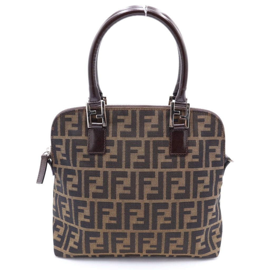 FENDI(フェンディ) ズッカ ハンドバッグ ミニトートバッグ ブラウン レザー×キャンバス シルバー金具 レディース