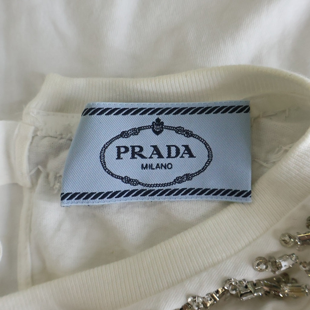 PRADA(プラダ) ネックラインストーン 半袖Tシャツ ホワイト #S レディース