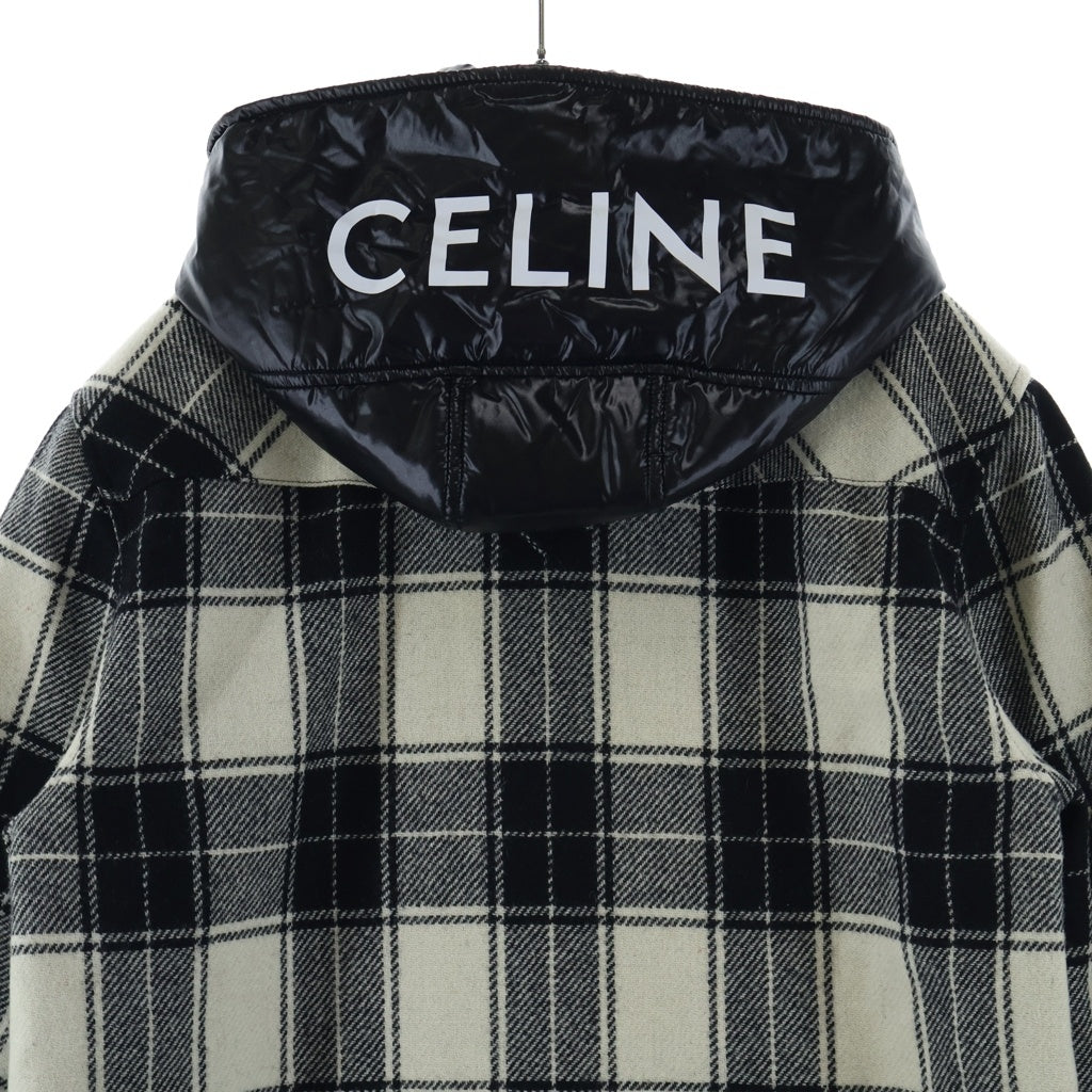 CELINE(セリーヌ) 21AW キルティング チェック フランネルシャツ フーデッドロゴブルゾン ウール×ナイロン フード付きジャケット #48 ホワイト/ブラック 2W4100010
