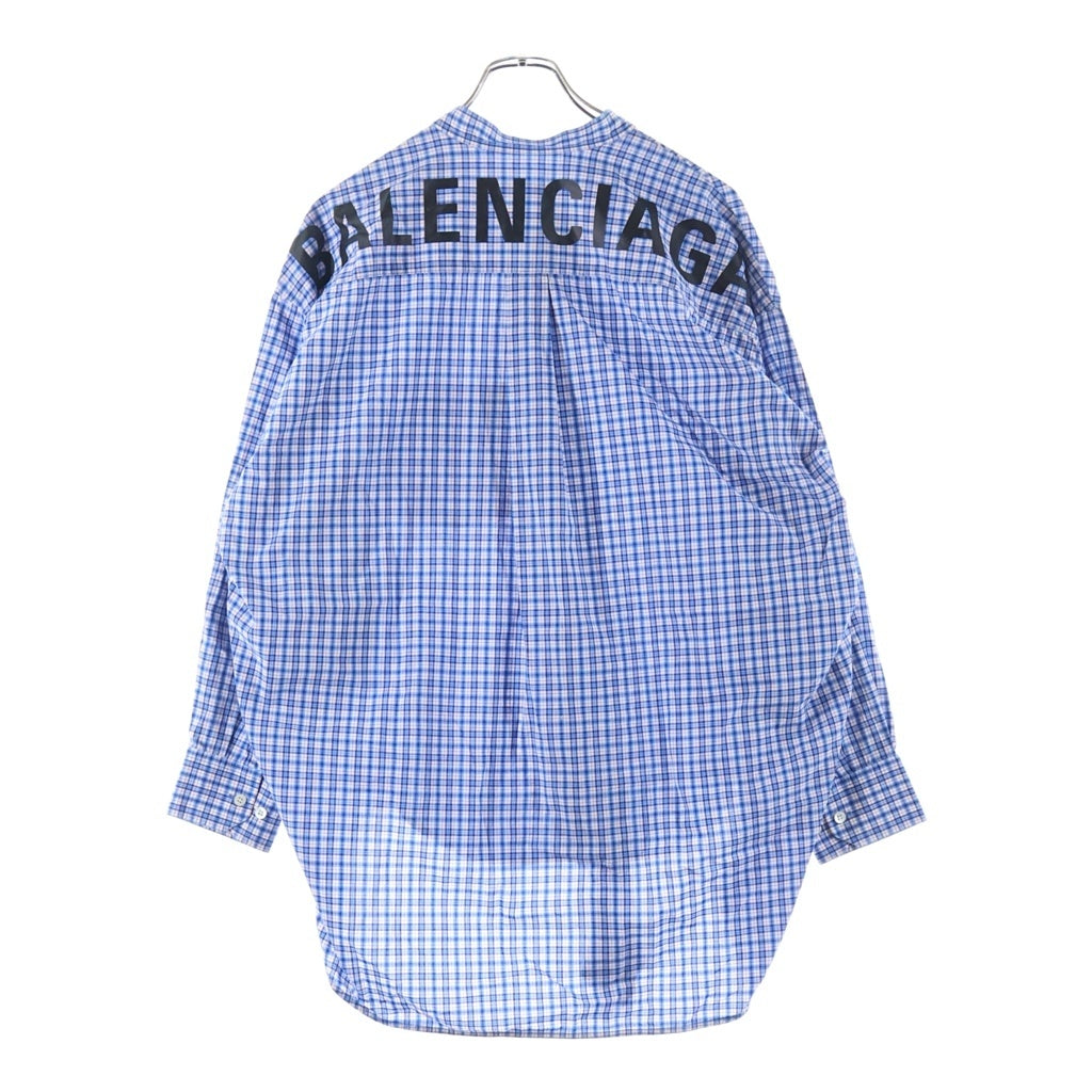 BALENCIAGA(バレンシアガ) ロゴ プリント チェック リボンタイ コットン 長袖 ニュースウィングシャツ ブラウス #36 ブルー 520497 レディース