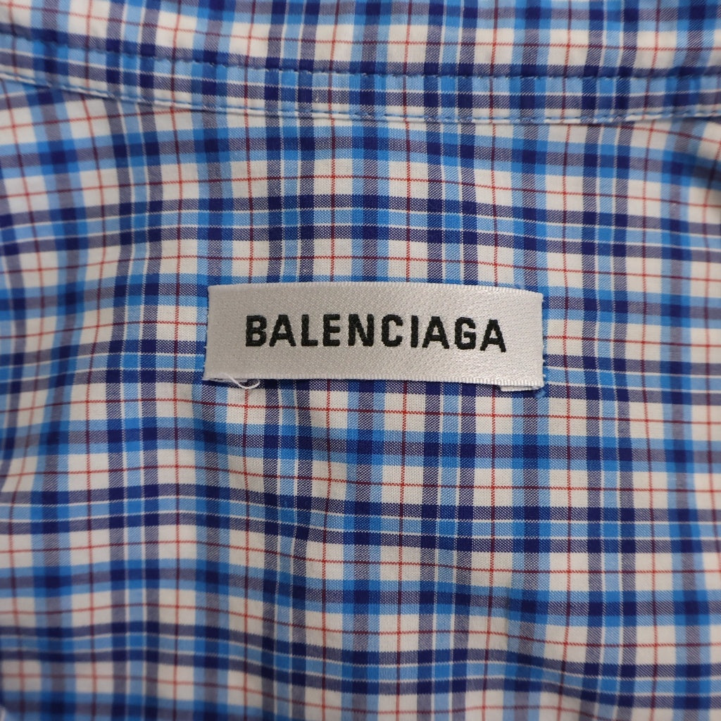 BALENCIAGA(バレンシアガ) ロゴ プリント チェック リボンタイ コットン 長袖 ニュースウィングシャツ ブラウス #36 ブルー 520497 レディース