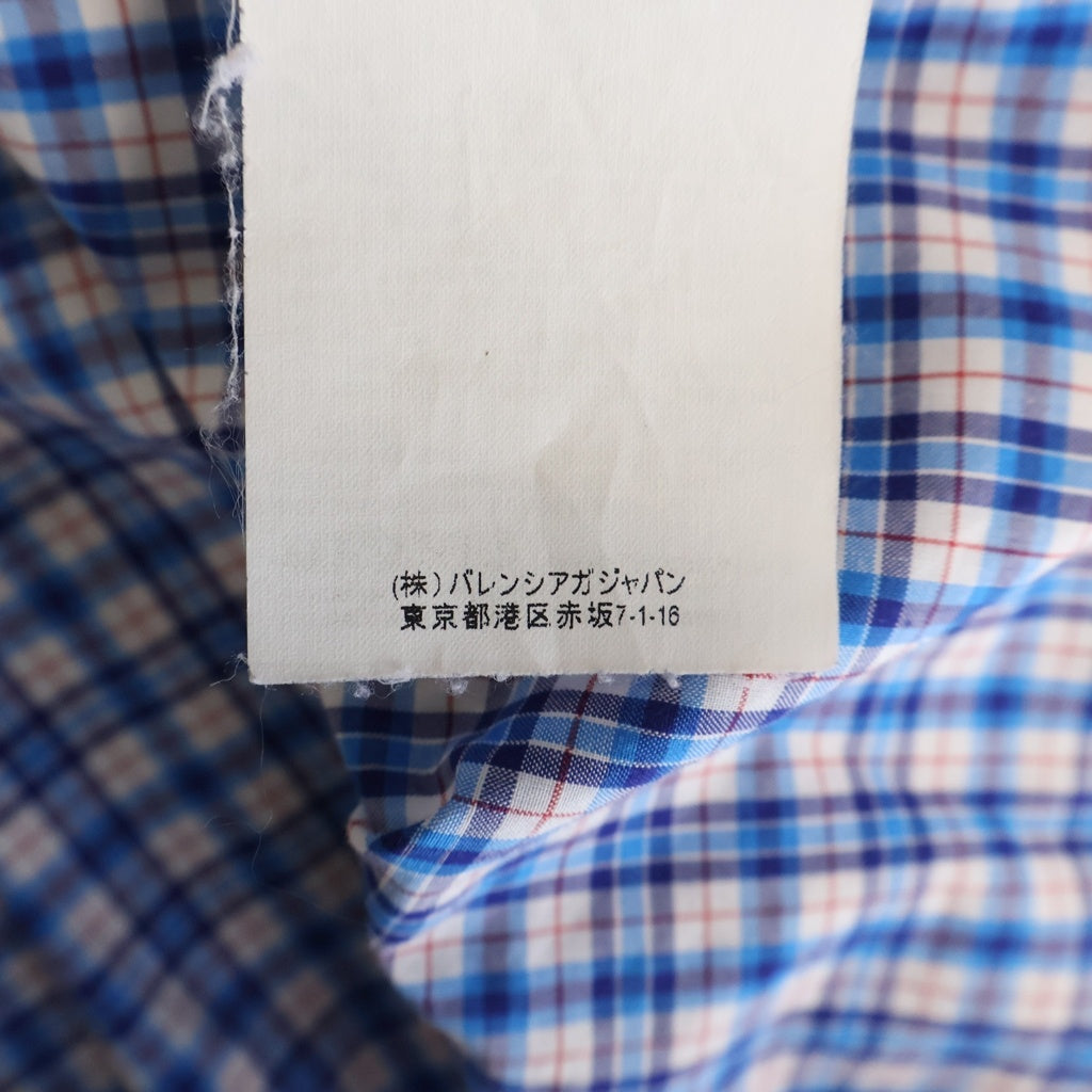 BALENCIAGA(バレンシアガ) ロゴ プリント チェック リボンタイ コットン 長袖 ニュースウィングシャツ ブラウス #36 ブルー 520497 レディース