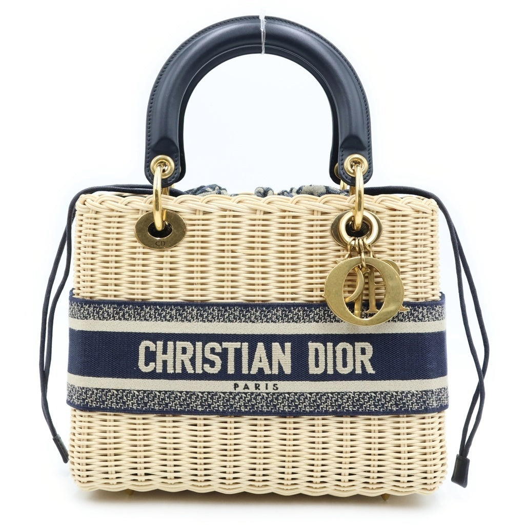 Christian Dior(クリスチャンディオール) オブリーク レディディオール ミディアム 2WAYハンドバッグ ショルダーバッグ カゴバッグ ベージュ×ネイビー ゴールド金具 レディース