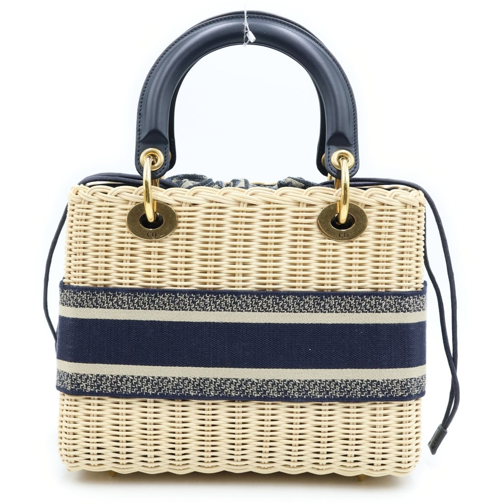 Christian Dior(クリスチャンディオール) オブリーク レディディオール ミディアム 2WAYハンドバッグ ショルダーバッグ カゴバッグ ベージュ×ネイビー ゴールド金具 レディース