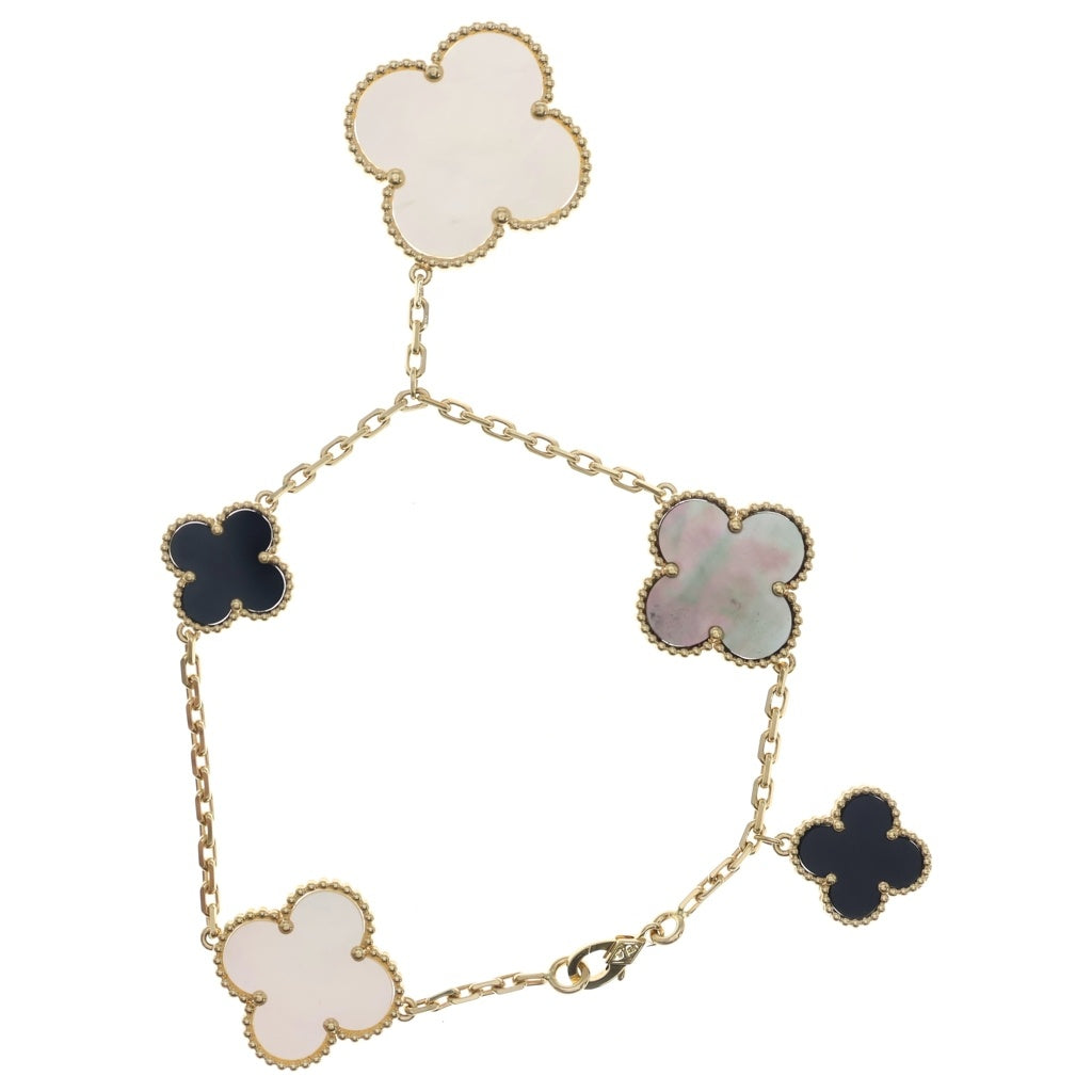 Van Cleef & Arpels(ヴァンクリーフアンドアーペル) マジックアルハンブラ 5モチーフ マザーオブパール ブレスレット ホワイト/グレー オニキス Au750 イエローゴールド レディース
