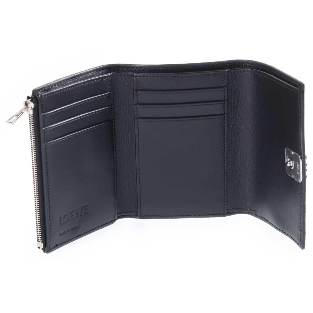 LOEWE(ロエベ) アナグラム 三つ折り財布 コンパクトウォレット コインケース ブラック レザー シルバー金具 レディース