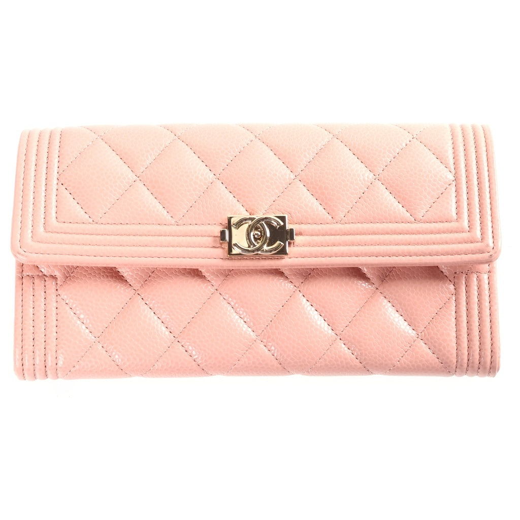 CHANEL(シャネル) ボーイシャネル マトラッセ 長財布 ロングウォレット 三つ折り財布 ピンク キャビアスキン A80286 ゴールド金具 レディース