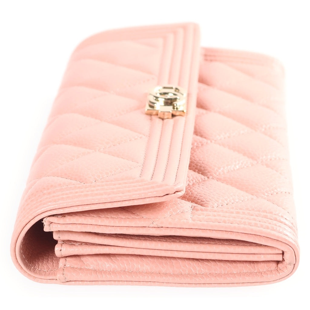 CHANEL(シャネル) ボーイシャネル マトラッセ 長財布 ロングウォレット 三つ折り財布 ピンク キャビアスキン A80286 ゴールド金具 レディース