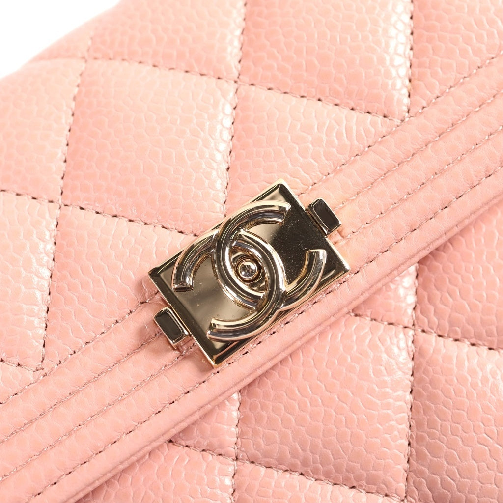 CHANEL(シャネル) ボーイシャネル マトラッセ 長財布 ロングウォレット 三つ折り財布 ピンク キャビアスキン A80286 ゴールド金具 レディース