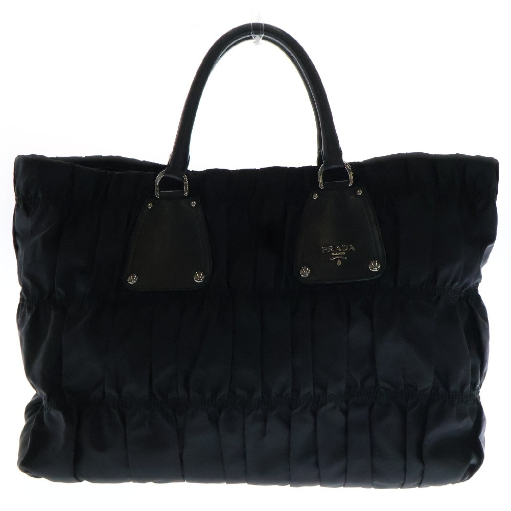 PRADA(プラダ) ギャザー トートバッグ ハンドバッグ 黒 ナイロン×レザー シルバー金具 BN1232