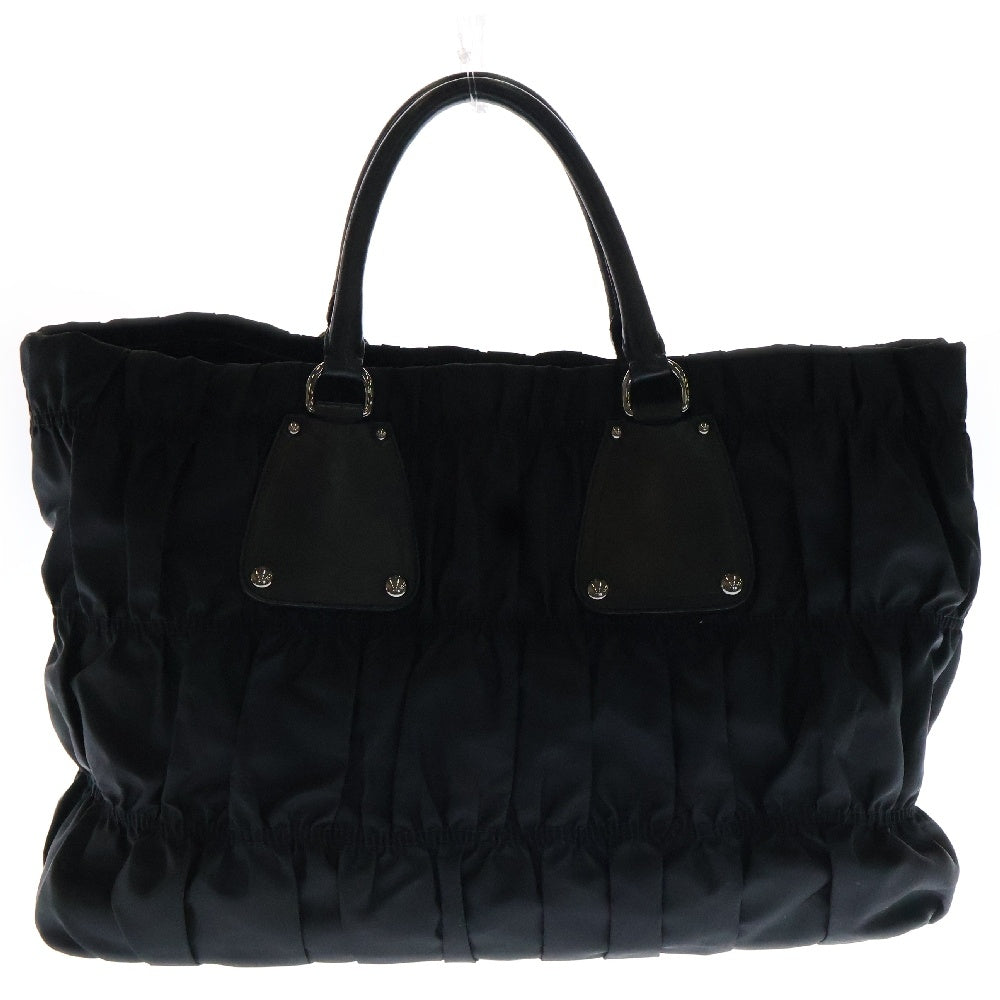 PRADA(プラダ) ギャザー トートバッグ ハンドバッグ 黒 ナイロン×レザー シルバー金具 BN1232