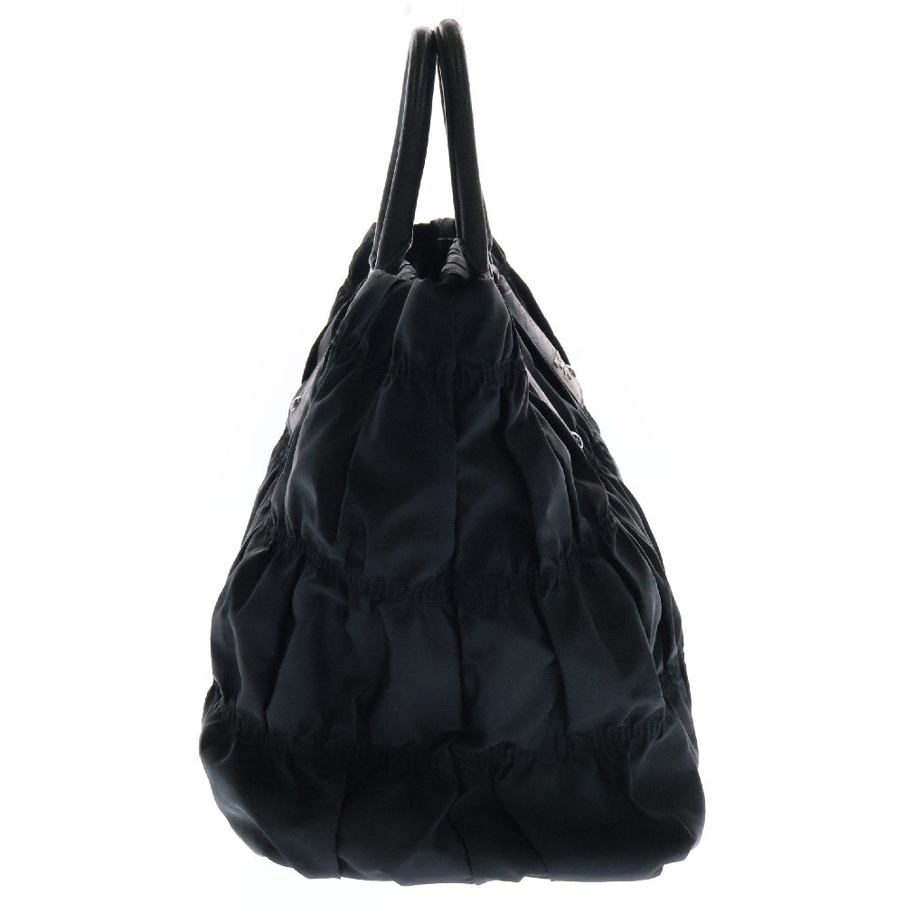 PRADA(プラダ) ギャザー トートバッグ ハンドバッグ 黒 ナイロン×レザー シルバー金具 BN1232