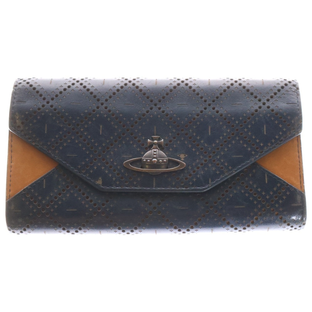 Vivienne Westwood(ヴィヴィアンウエストウッド) オーブロゴプレート バイカラー パンチングレザー ロングウォレット 長財布 ネイビー/ブラウン
