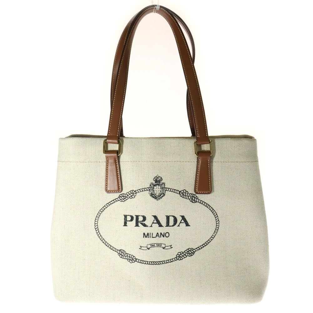 PRADA(プラダ) キャンバストート ハンドバッグ トートバッグ ベージュ×ブラウン ゴールド金具 キャンバス×レザー 1BG356