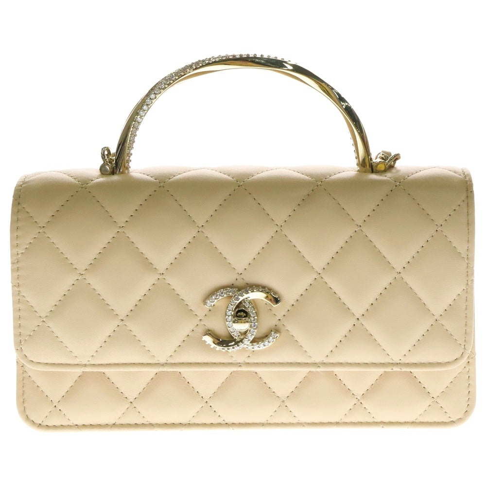 CHANEL(シャネル) ミニマトラッセ トップハンドル チェーンウォレット ラインストーン ショルダーバッグ ハンドバッグ ベージュ ラムスキン ゴールド金具