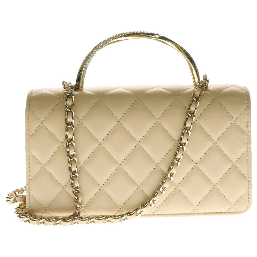 CHANEL(シャネル) ミニマトラッセ トップハンドル チェーンウォレット ラインストーン ショルダーバッグ ハンドバッグ ベージュ ラムスキン ゴールド金具