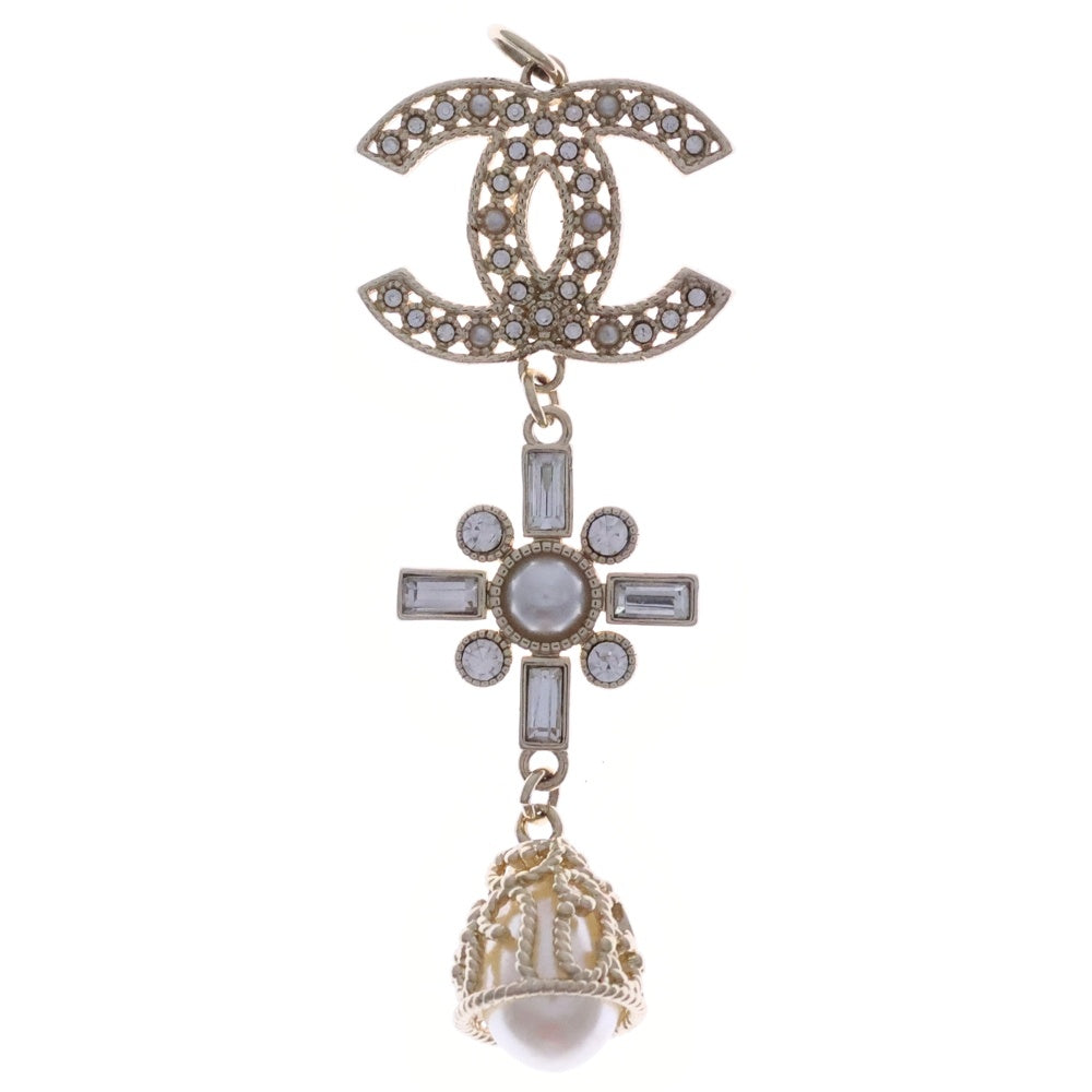 CHANEL(シャネル) ココマーク ラインストーン パール3連デザイントップ ペンダント ネックレス トップ GP ゴールド