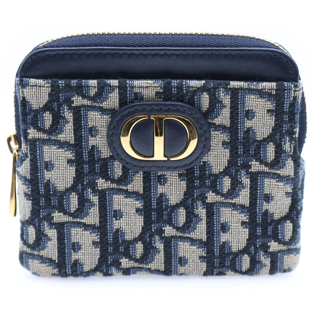 Christian Dior(クリスチャンディオール) CDロゴプレート オブリーク レザー キャンバス コイン カードケース 財布 ゴールド金具 ネイビー レディース