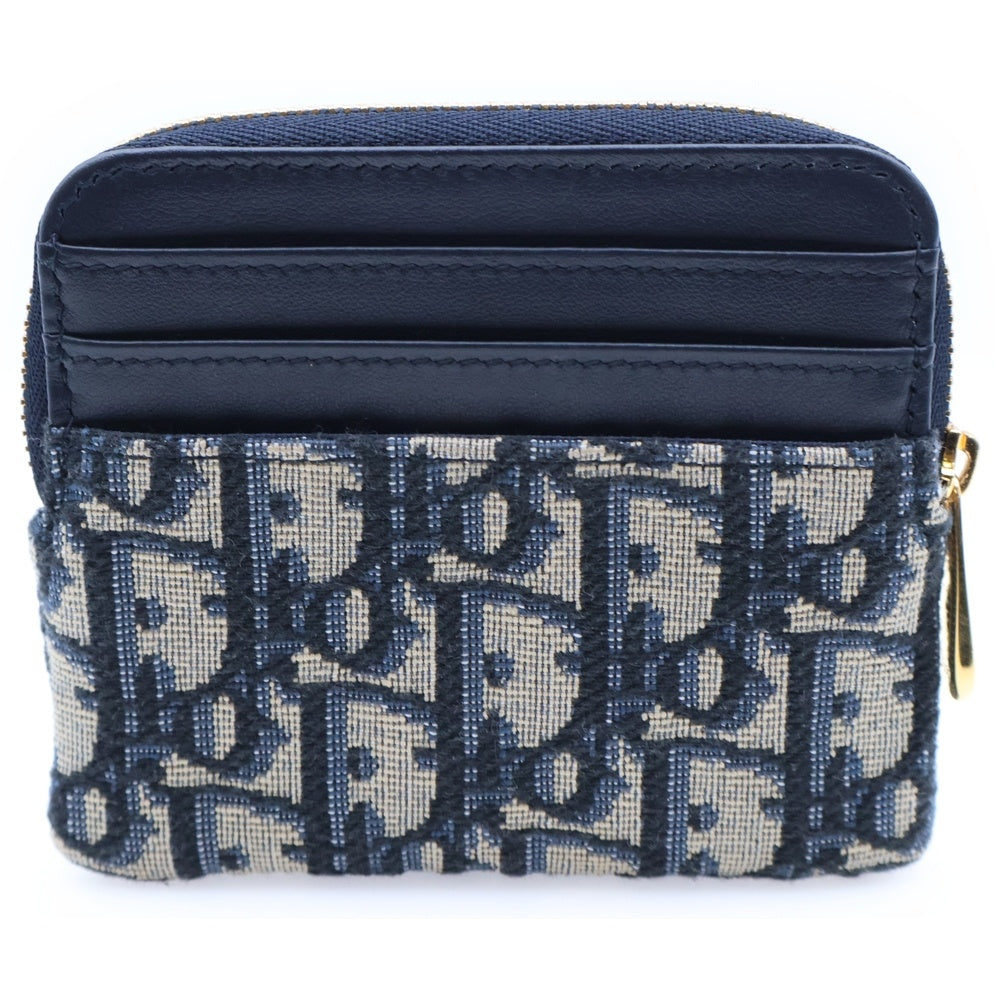 Christian Dior(クリスチャンディオール) CDロゴプレート オブリーク レザー キャンバス コイン カードケース 財布 ゴールド金具 ネイビー レディース