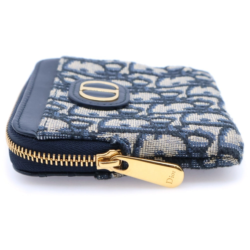 Christian Dior(クリスチャンディオール) CDロゴプレート オブリーク レザー キャンバス コイン カードケース 財布 ゴールド金具 ネイビー レディース