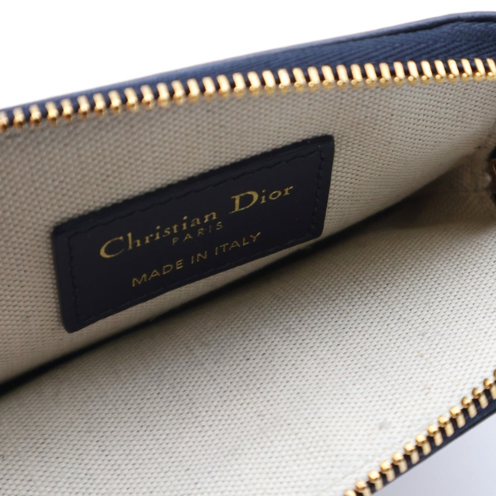 Christian Dior(クリスチャンディオール) CDロゴプレート オブリーク レザー キャンバス コイン カードケース 財布 ゴールド金具 ネイビー レディース