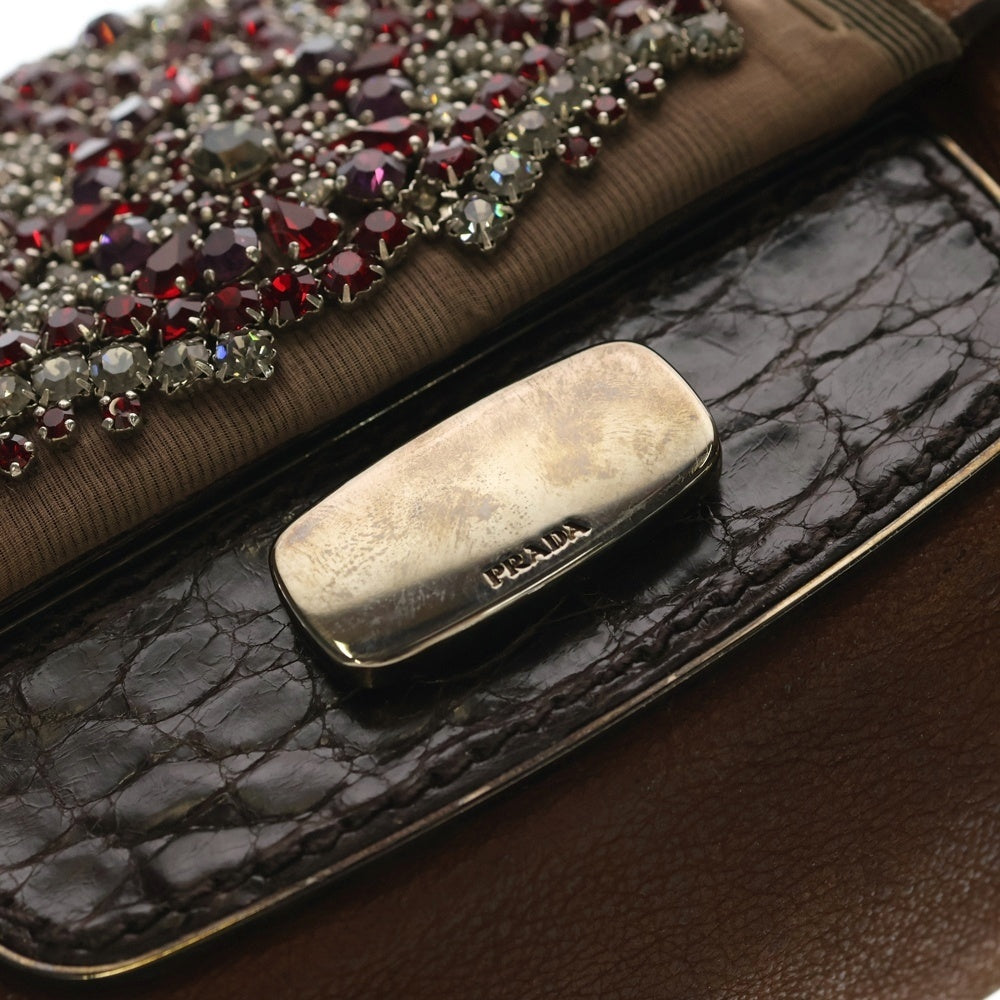 PRADA(プラダ) ビジュー ストーン ワンショルダーバッグ ハンドバッグ ブラウン レザー シルバー金具 レディース