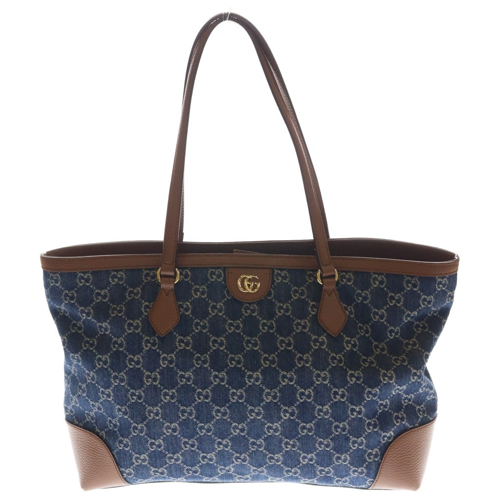 GUCCI(グッチ) オフィディア GGデニム ハンドバッグ トートバッグ インディゴブルー×ブラウン デニム×レザー 631685 ゴールド金具