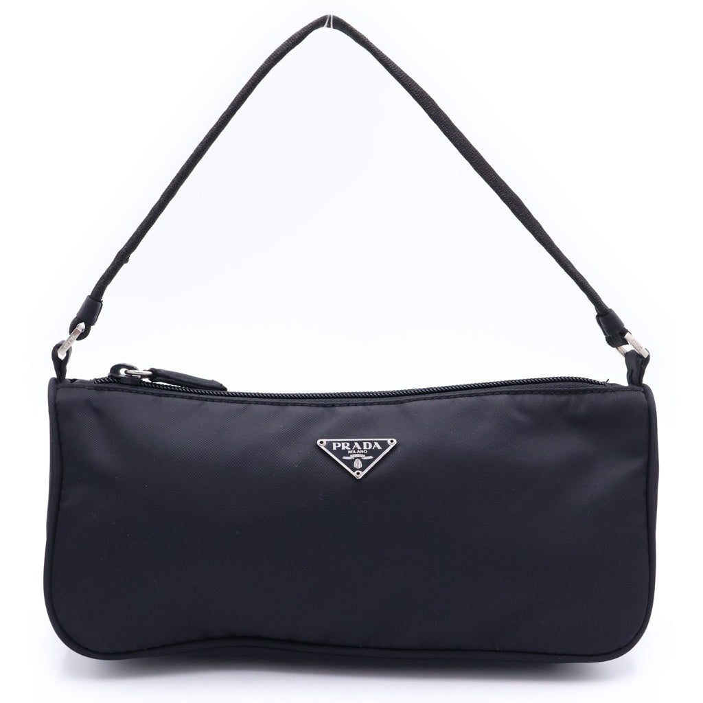 PRADA(プラダ) Re-Nylon トライアングルロゴプレート アクセサリーポーチ ハンドバッグ ナイロン シルバー金具 ブラック レディース