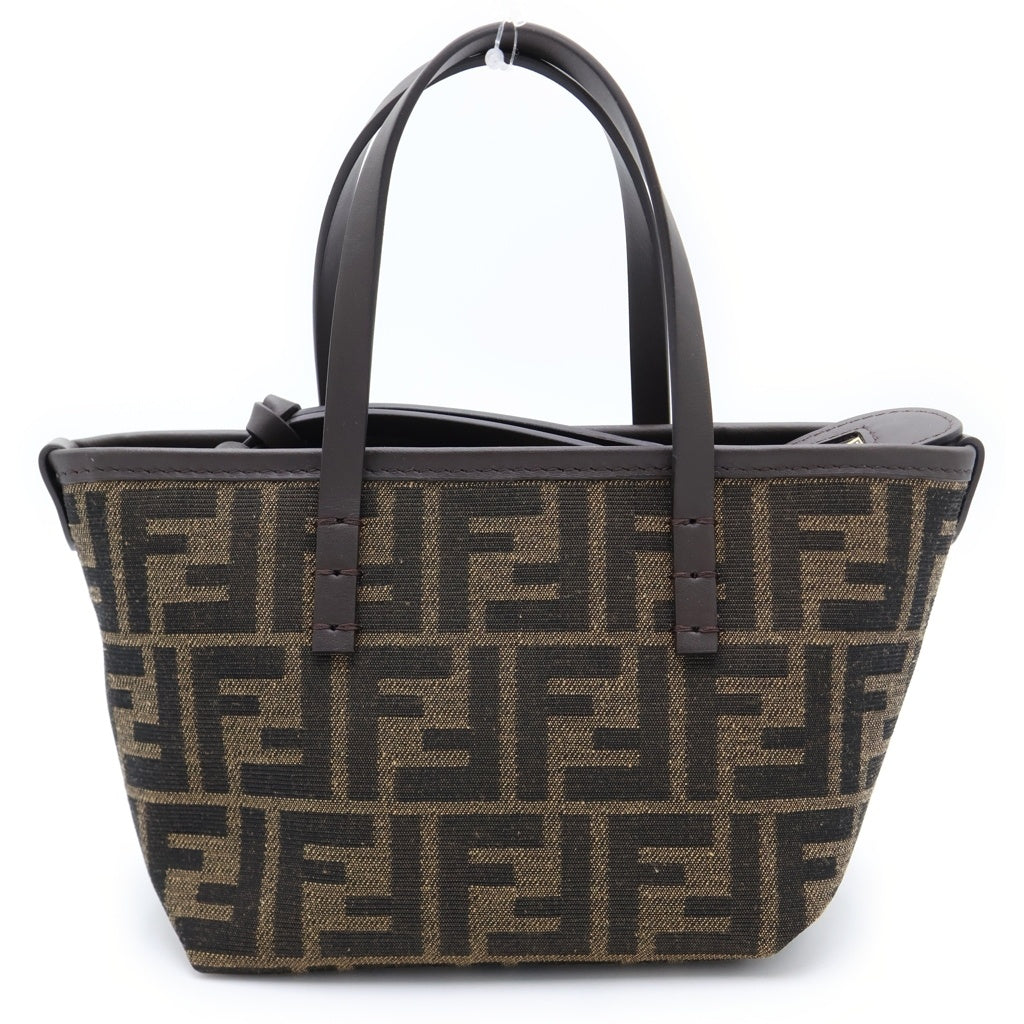 FENDI(フェンディ) ロール ミニ ファブリック FFジャガード 2WAYバッグ ショルダーバッグ ハンドバッグ ブラウン レザー×キャンバス 8BS096 ゴールド金具 レディース