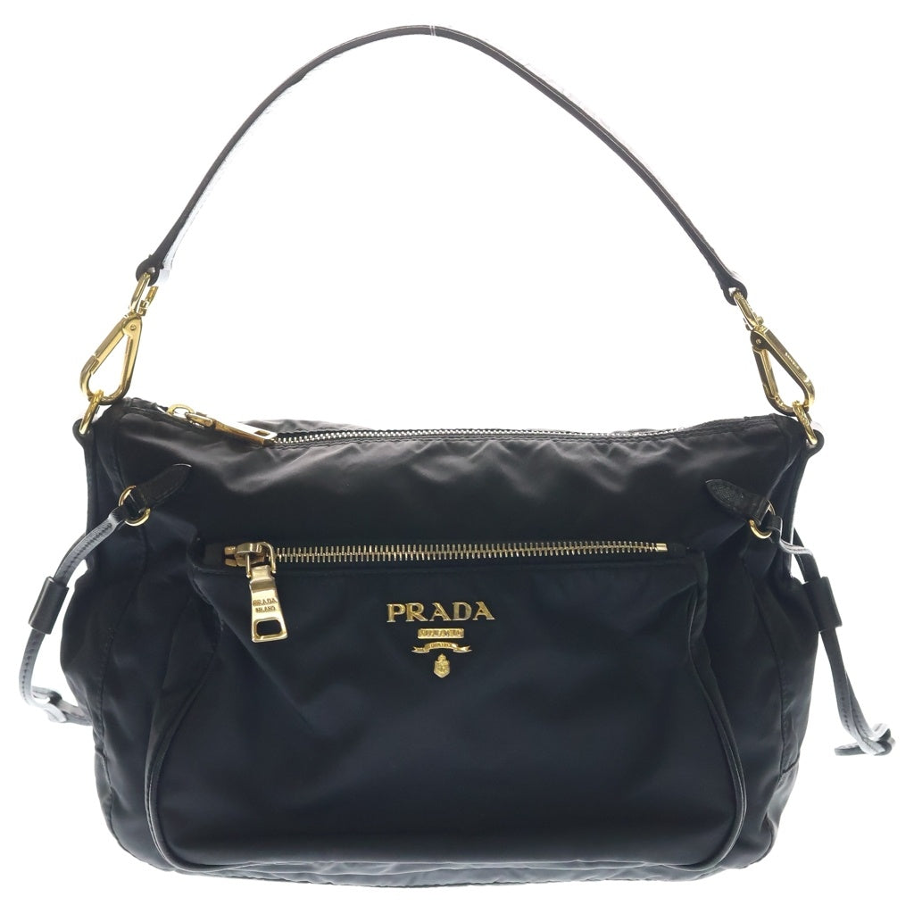 PRADA(プラダ) 三角ロゴ ハンドバッグ ワンショルダーバッグ ブラック レザー×ナイロン BR4080 ゴールド金具 レディース