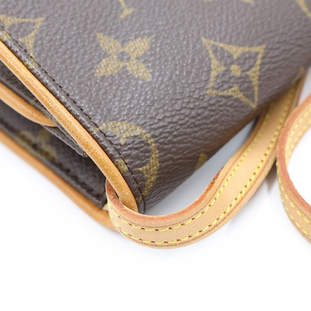 LOUIS VUITTON(ルイヴィトン) モノグラム ポシェットツインGM ショルダーバッグ ブラウン レザー×PVC M51852 ゴールド金具 レディース