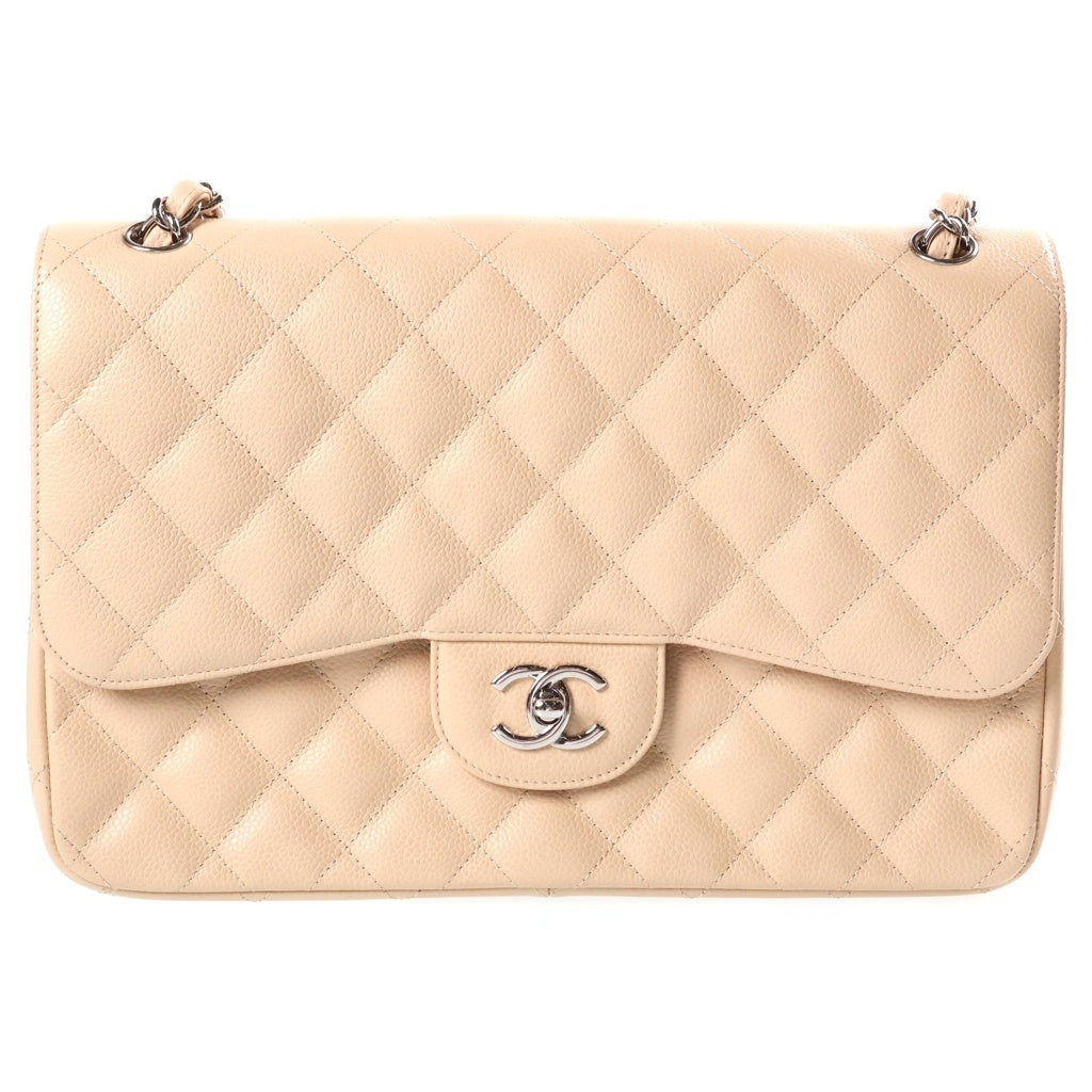 CHANEL(シャネル) マトラッセ30 Wフラップ Wチェーン ショルダーバッグ シルバー金具 キャビアスキン ベージュ レディース