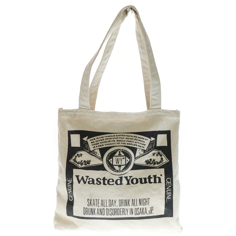 WASTED YOUTH(ウェイステッドユース) CANVAS TOTE BAG キャンバス ロゴプリント トートバック ベージュ レディース