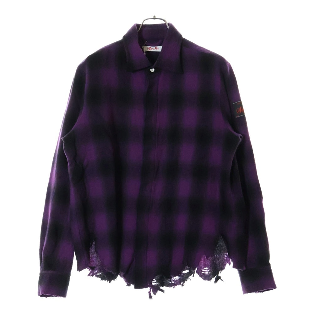 SyuMan(シューマン) 23AW BROKEN LONG SLEEVES WITH RHINESTONE TYPE2 ダメージ加工 ラインストーン フランネル チェック シャツ パープル/ブラック YO23aw-03
