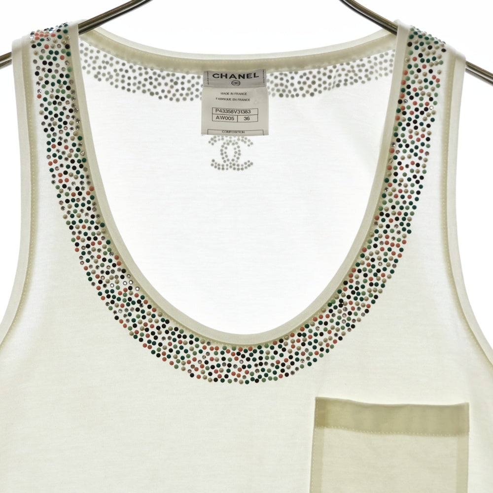 CHANEL(シャネル) ココマーク タンクトップ ノースリーブ ラインストーン 白 コットン P43358V31383