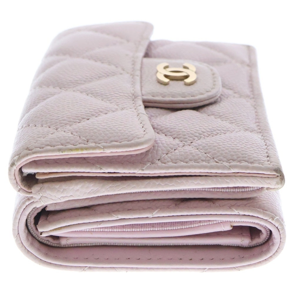 CHANEL(シャネル) マトラッセ 三つ折り財布 コンパクトウォレット ピンク ゴールド金具 キャビアスキン レザー