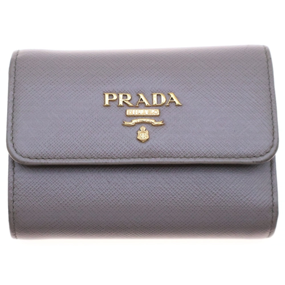 PRADA(プラダ) サフィアーノ 三つ折り財布 ベージュ×ブルー フロントロゴ 1MH025