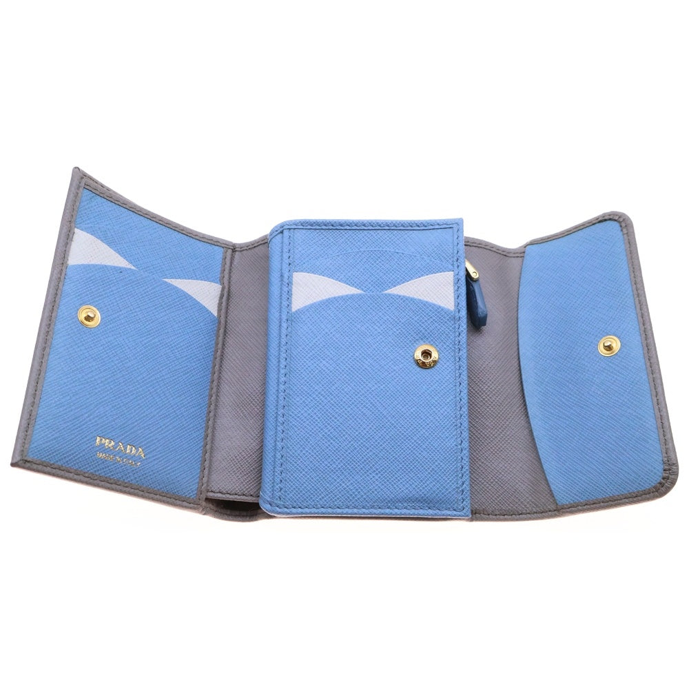 PRADA(プラダ) サフィアーノ 三つ折り財布 ベージュ×ブルー フロントロゴ 1MH025