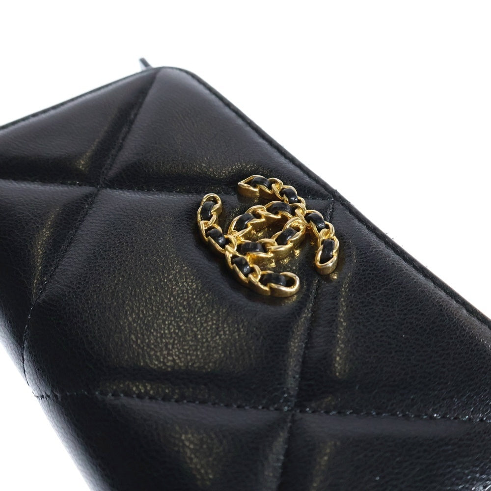 CHANEL(シャネル) シャネル19 スモール ジップウォレット 長財布 ラウンドジップ ラムスキン ブラック ゴールド金具 AP0948
