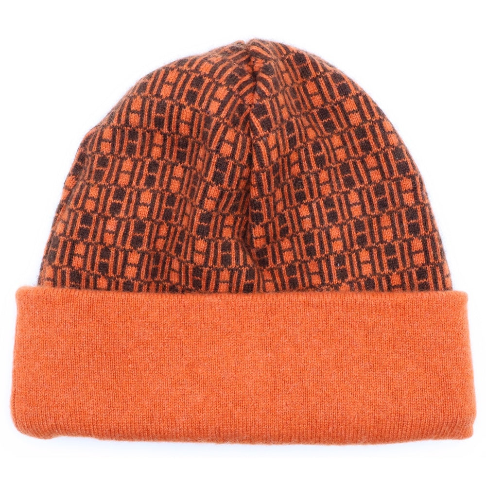 HERMES(エルメス) Hロゴ ニット帽 ニットキャップ 帽子 カシミヤ オレンジ×ブラウン
