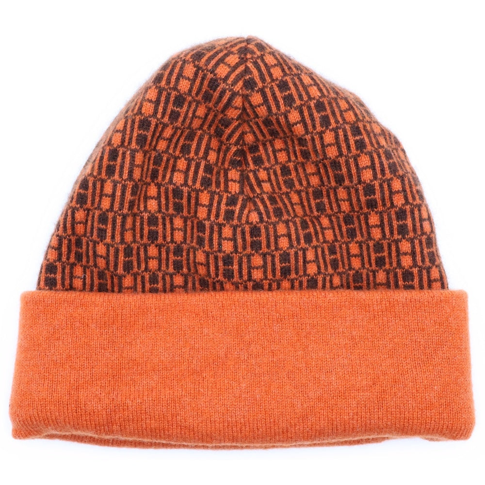 HERMES(エルメス) Hロゴ ニット帽 ニットキャップ 帽子 カシミヤ オレンジ×ブラウン