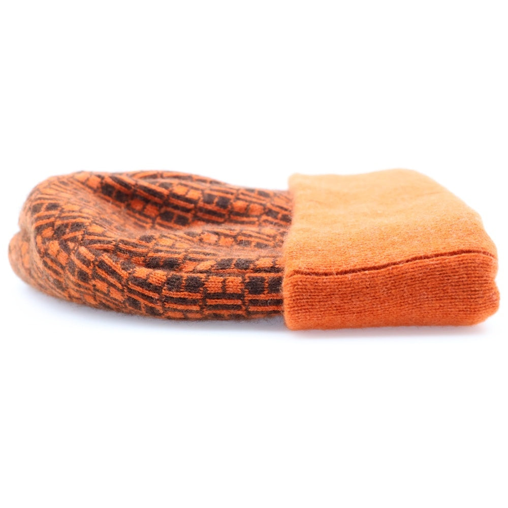 HERMES(エルメス) Hロゴ ニット帽 ニットキャップ 帽子 カシミヤ オレンジ×ブラウン