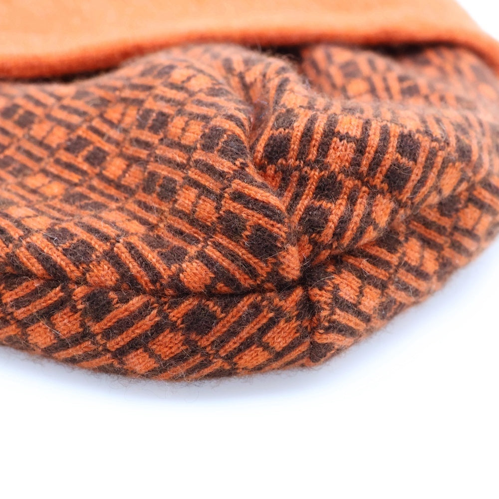 HERMES(エルメス) Hロゴ ニット帽 ニットキャップ 帽子 カシミヤ オレンジ×ブラウン