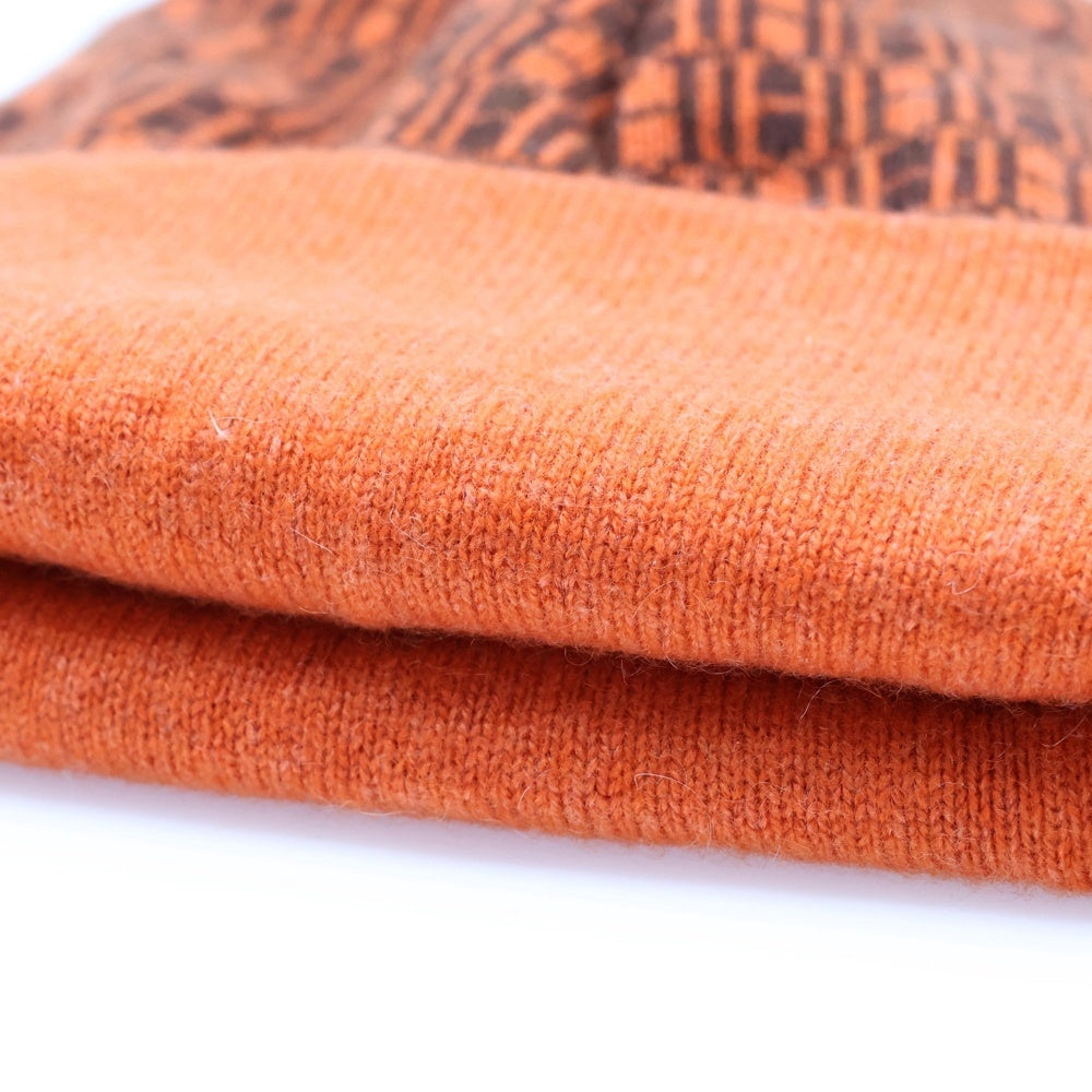 HERMES(エルメス) Hロゴ ニット帽 ニットキャップ 帽子 カシミヤ オレンジ×ブラウン
