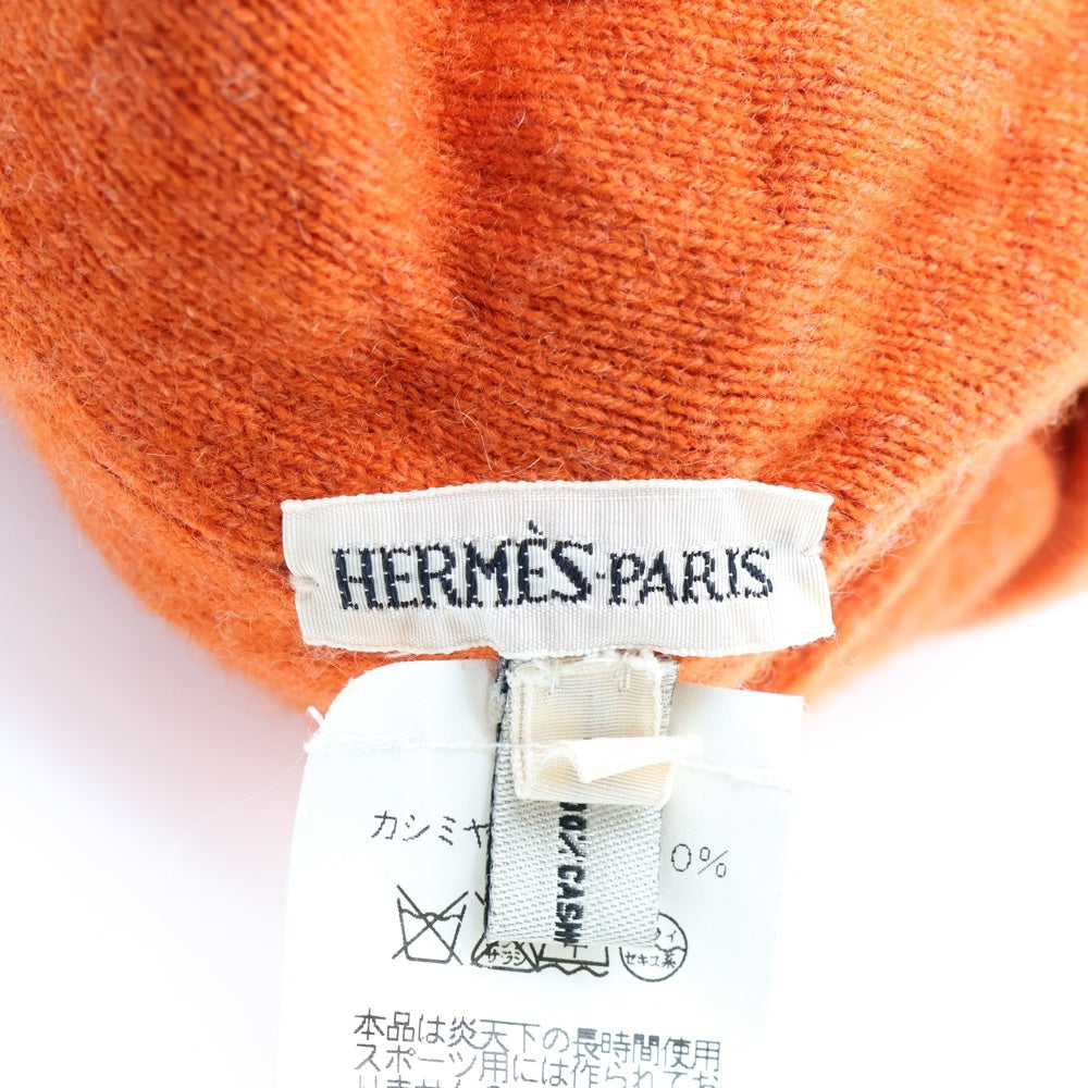 HERMES(エルメス) Hロゴ ニット帽 ニットキャップ 帽子 カシミヤ オレンジ×ブラウン