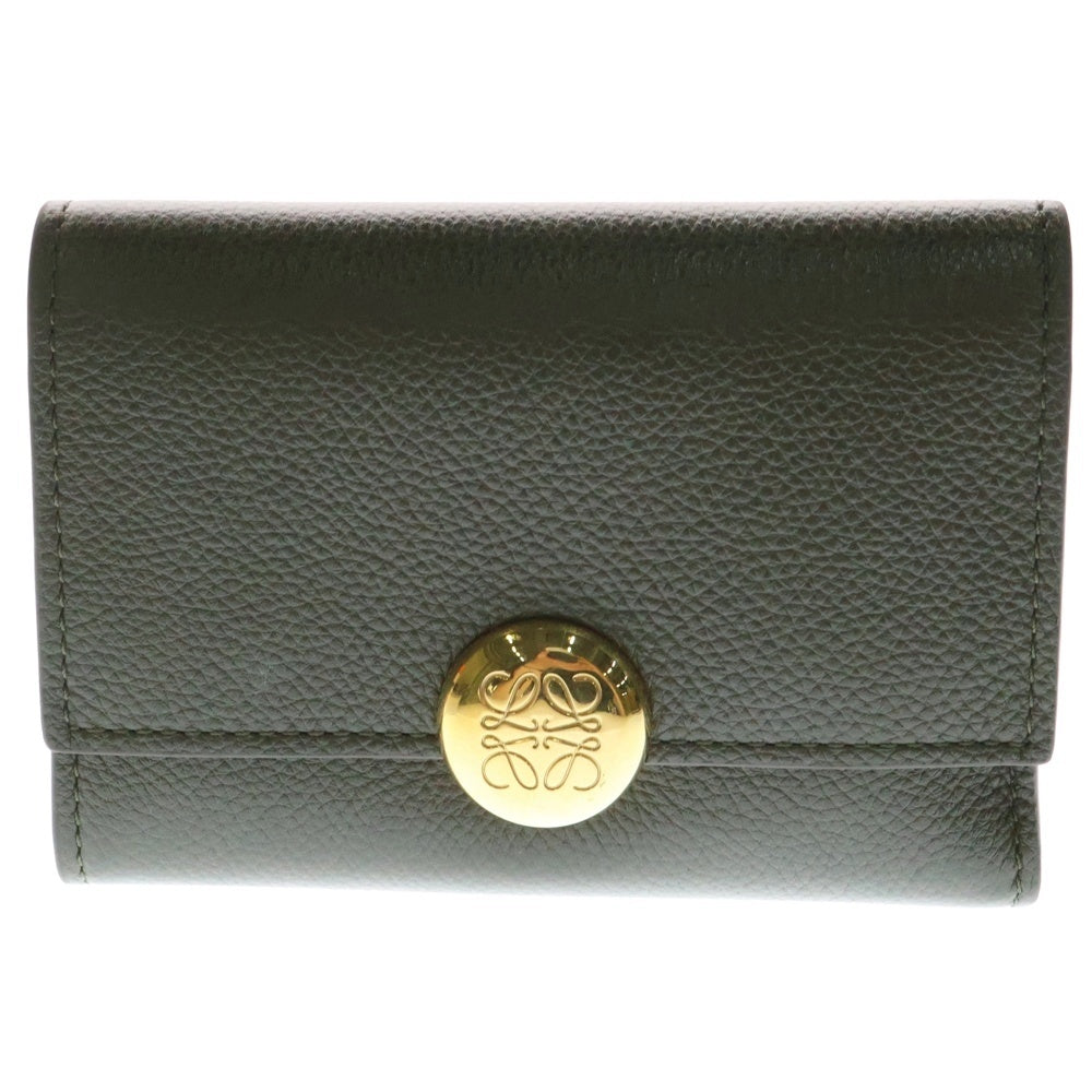LOEWE(ロエベ) ぺブル バーティカル アナグラムロゴ カーフスキン レザー スモール コンパクトウォレット 三つ折り財布 ゴールド金具 カーキ/オリーブ