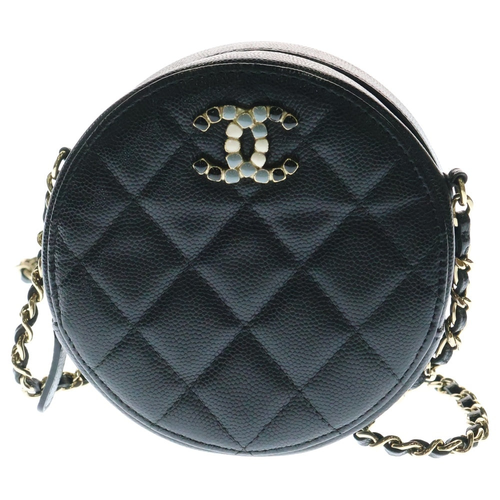CHANEL(シャネル) マトラッセ ココマーク ラウンド チェーン ショルダーバッグ ブラック キャビアスキン ゴールド金具