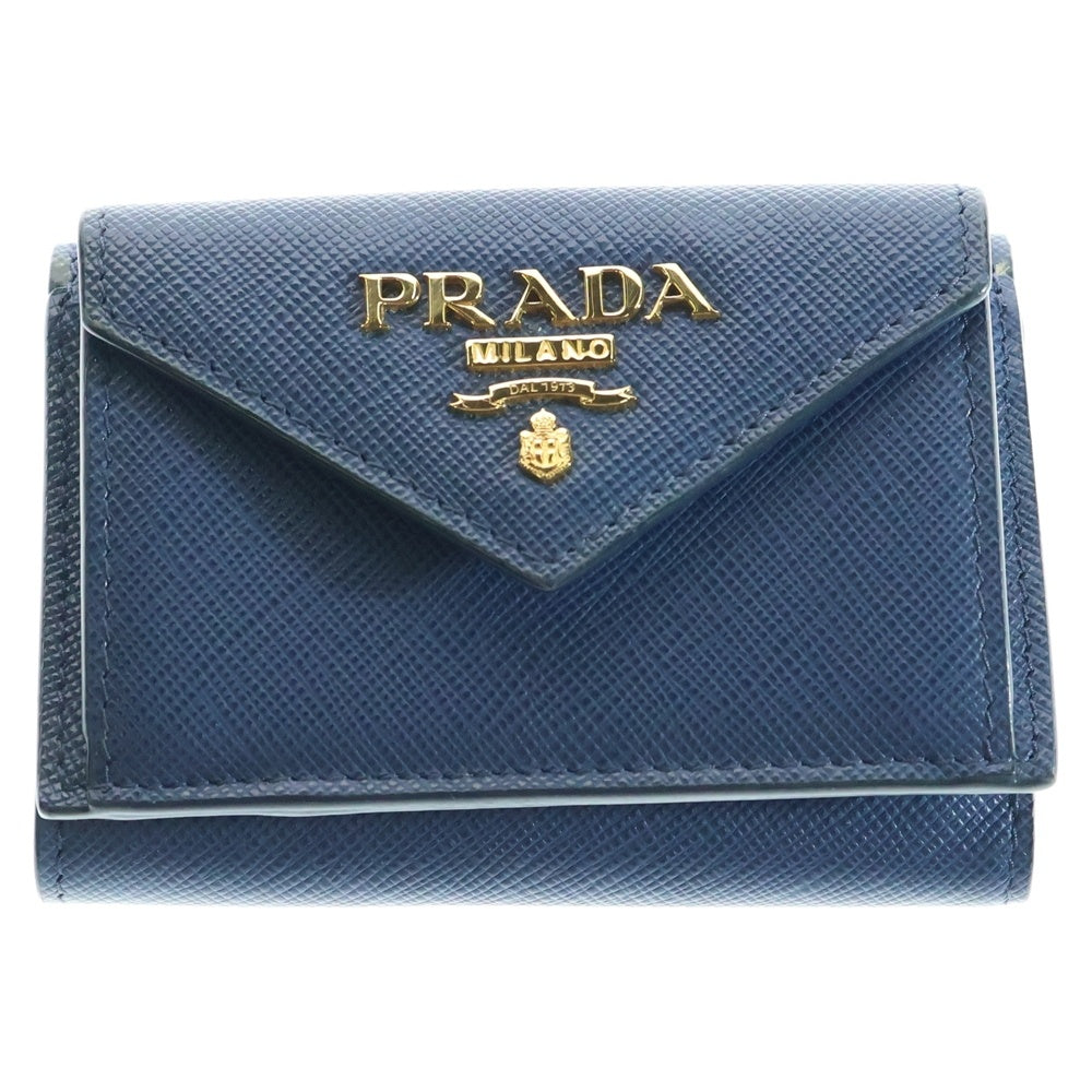 PRADA(プラダ) サフィアーノ 三つ折り財布 コンパクトウォレット コインケース ゴールド金具 ネイビー レザー 1MH021