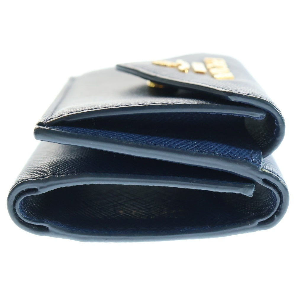 PRADA(プラダ) サフィアーノ 三つ折り財布 コンパクトウォレット コインケース ゴールド金具 ネイビー レザー 1MH021